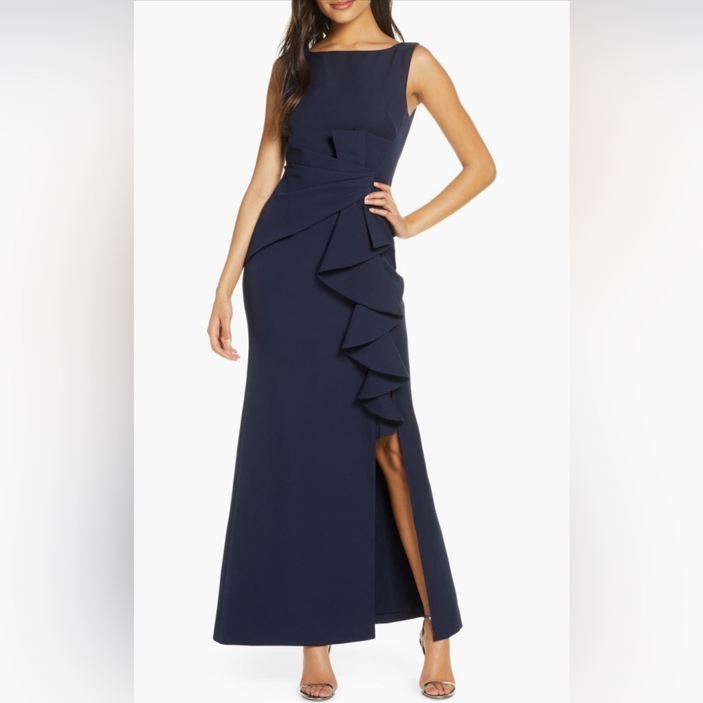 Eliza J‎ Ruffle Front Gownaxi Dress In Navy Size 2